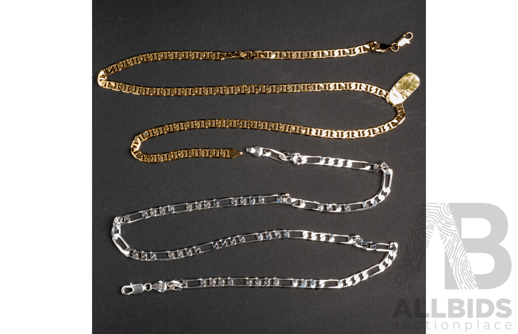 NEW - Sterling Silver Figaro Chain Necklace & Gold Plated Fancy Curb Link Necklace, 60cm Each, 925 21.83 Grams