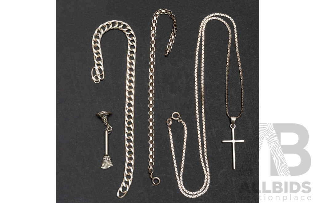 Sterling Silver Jewellery Collection Including Cross Pendant on Snake Chain, 26.13 Grams