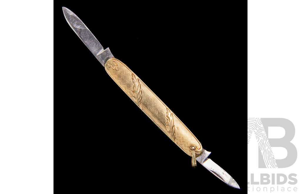 Antique 14K Gold Double Blade Etched Pocket Knife, 68mm, 18.63 Grams