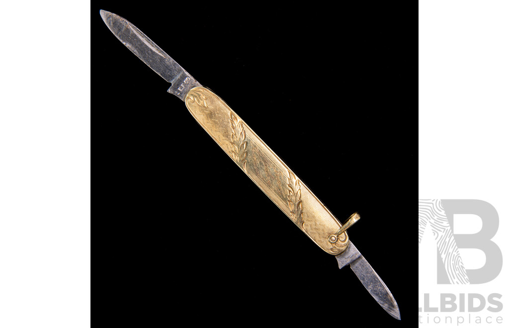 Antique 14K Gold Double Blade Etched Pocket Knife, 68mm, 18.63 Grams