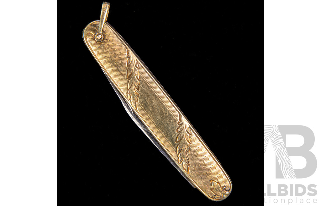 Antique 14K Gold Double Blade Etched Pocket Knife, 68mm, 18.63 Grams