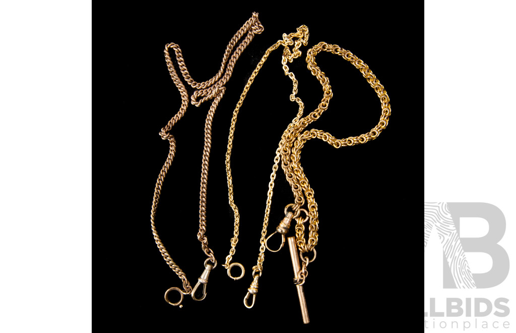 Collection of (3) Antique/vintage Gold Tone Fob Chains