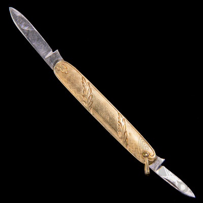 Antique 14K Gold Double Blade Etched Pocket Knife, 68mm, 18.63 Grams