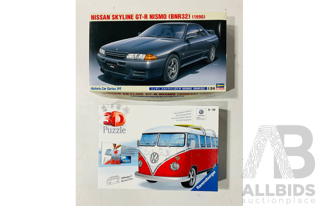 Hasegawa 1:24 Nissan Skyline GT-R Nismo Scale Model Kit and Ravensburg Volkswagen T1 3D Puzzle