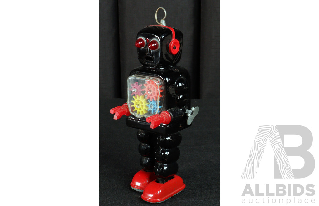 Vintage KO Pressed Steel Clockwork Walking Robot with Visable Gears, Made in Japan