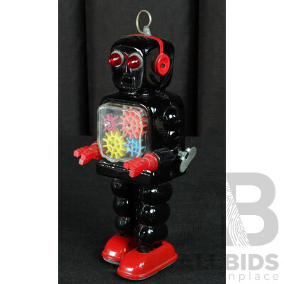 Vintage KO Pressed Steel Clockwork Walking Robot with Visable Gears, Made in Japan