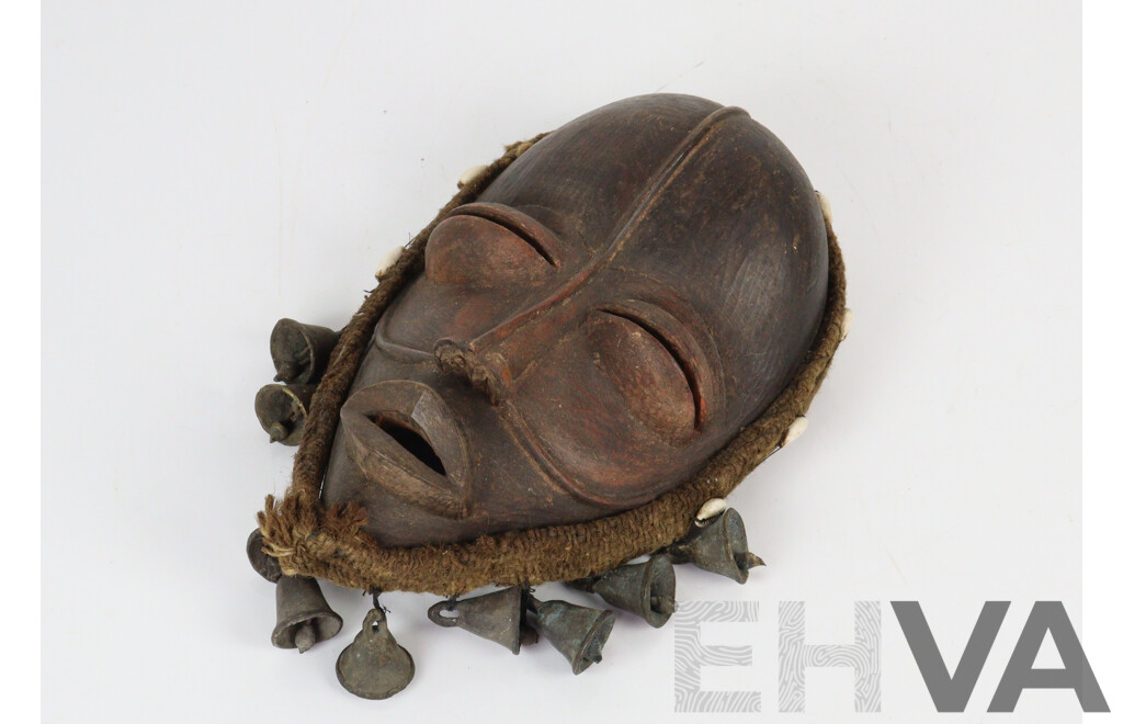 Vintage Hand Carved Wooden African Dan People, Ivory Coast, Mask with Brass Bells and Cowrie Shells to Edge