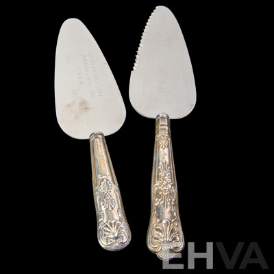 Two Vintage Commemorative Cake Slides with Sterling Silver Handles in Kings Pattern