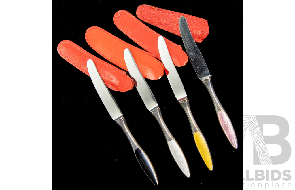 Set Four Vintage Danish Raadvad Rustfri Small KNives with Sterling Silver and Enamel Handles