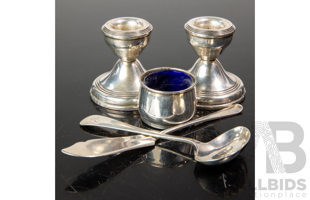 Collection Sterling Silver Including Pair Candle Holders, Birmingham 1965, Salt Cellar with Blue Glass Insert and More