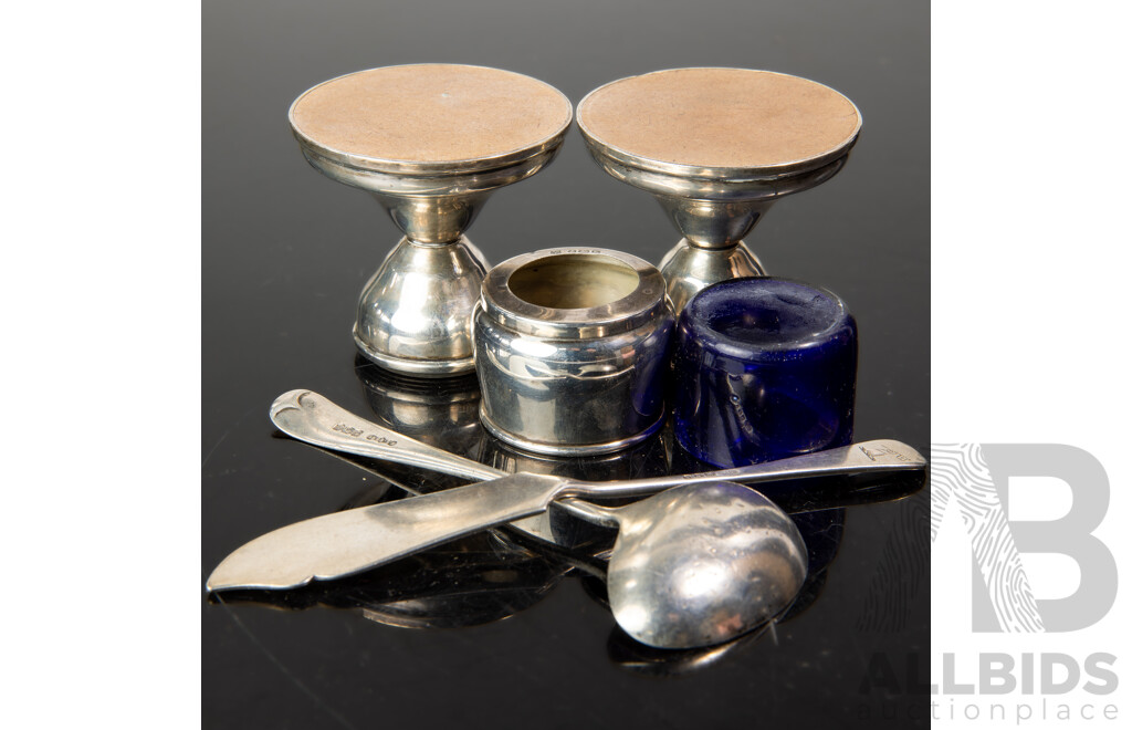 Collection Sterling Silver Including Pair Candle Holders, Birmingham 1965, Salt Cellar with Blue Glass Insert and More