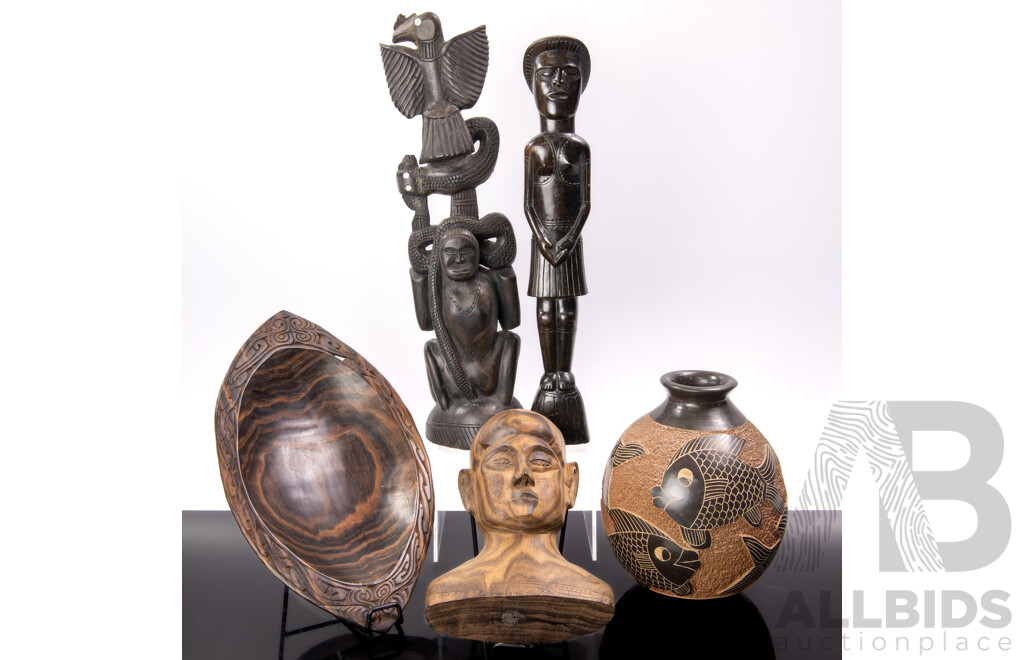 Collection Hand Carved and Made Trobriand Island Pieces in Makassar Ebony Along with Pottery Vase with Fish Theme