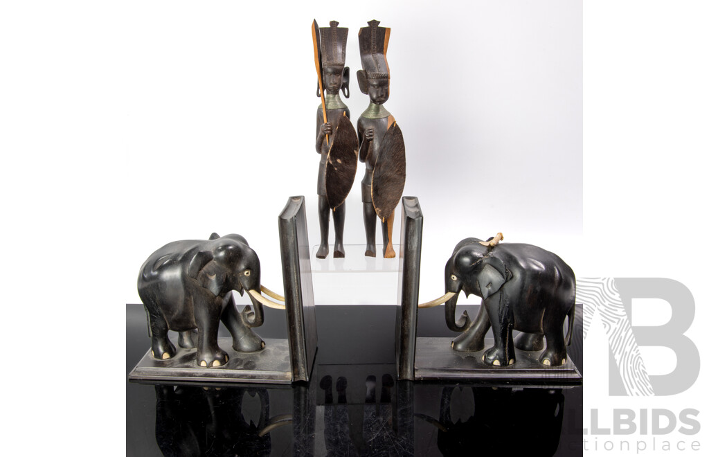 Pair Vintage African Ebony Elephant Bookends with Bone Tusks Along with Three Hand Carved African Zulu Ebony Figures