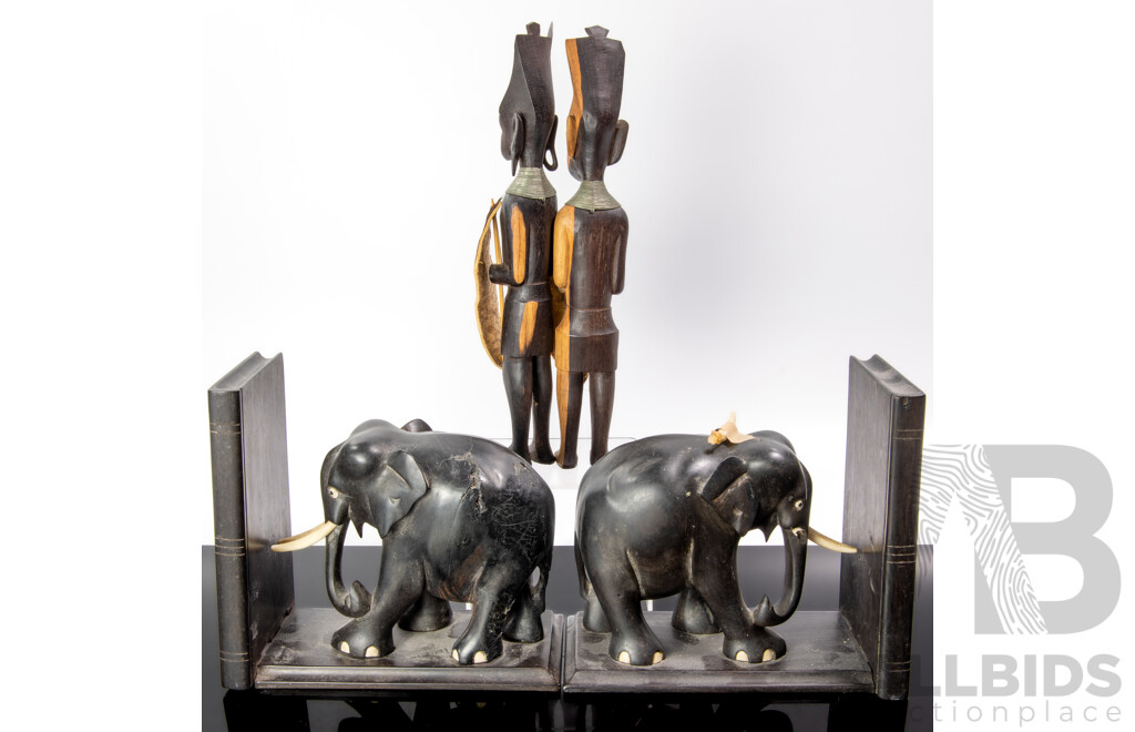 Pair Vintage African Ebony Elephant Bookends with Bone Tusks Along with Three Hand Carved African Zulu Ebony Figures