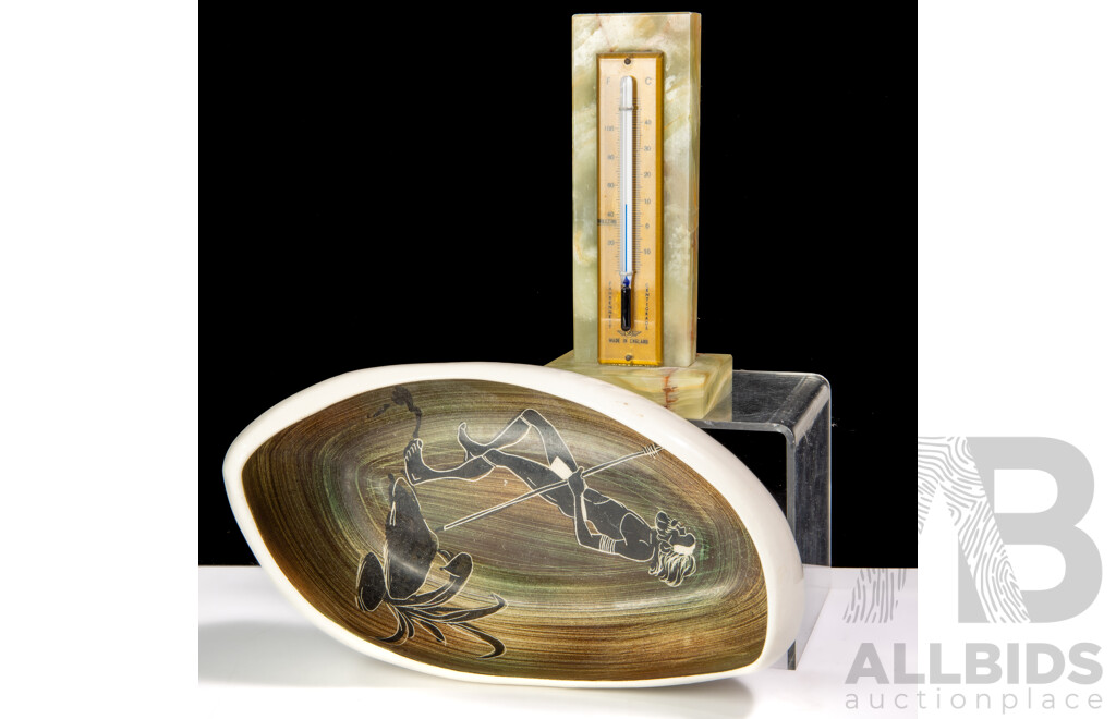 Hand Painted Australian Indigenous Themed Ceramic Bowl Along with Vintage Green Onyx Desk Thermometer