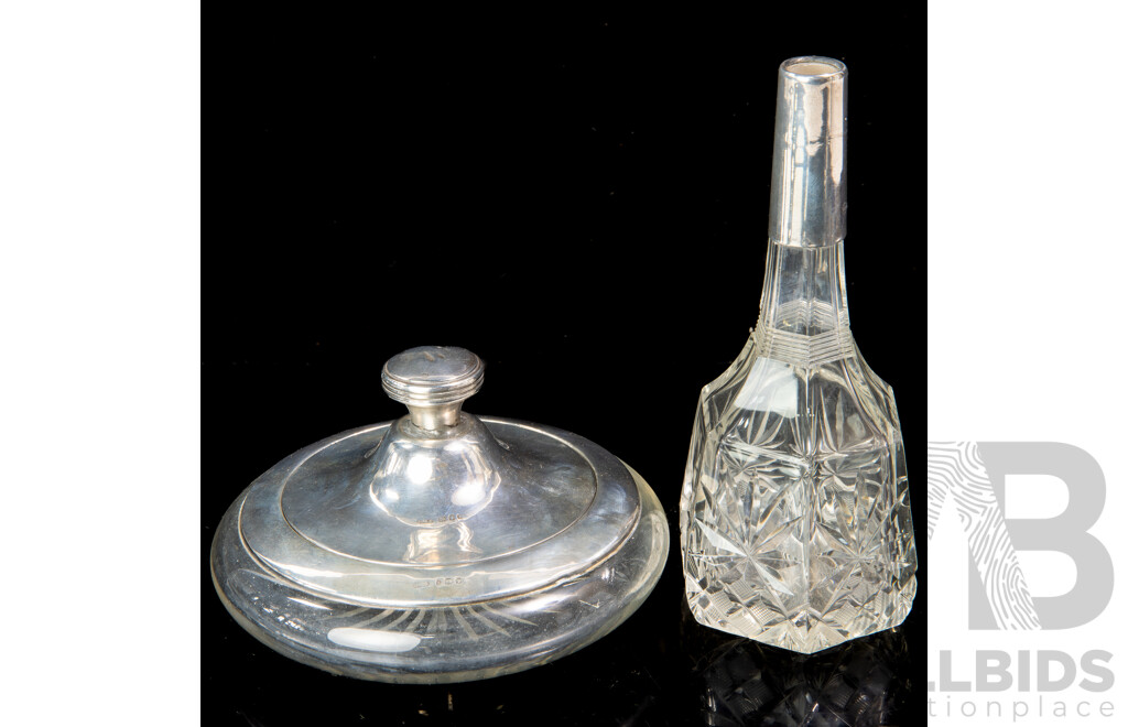 Antique Crystal Container with Sterling Silver Collar and Lid, London 1924, Along with Dressing Bottle with Sterling Silver Collar, Birmingham 1923