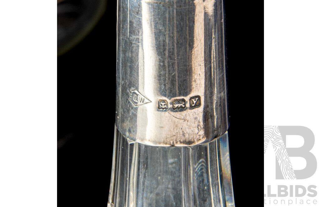 Antique Crystal Container with Sterling Silver Collar and Lid, London 1924, Along with Dressing Bottle with Sterling Silver Collar, Birmingham 1923
