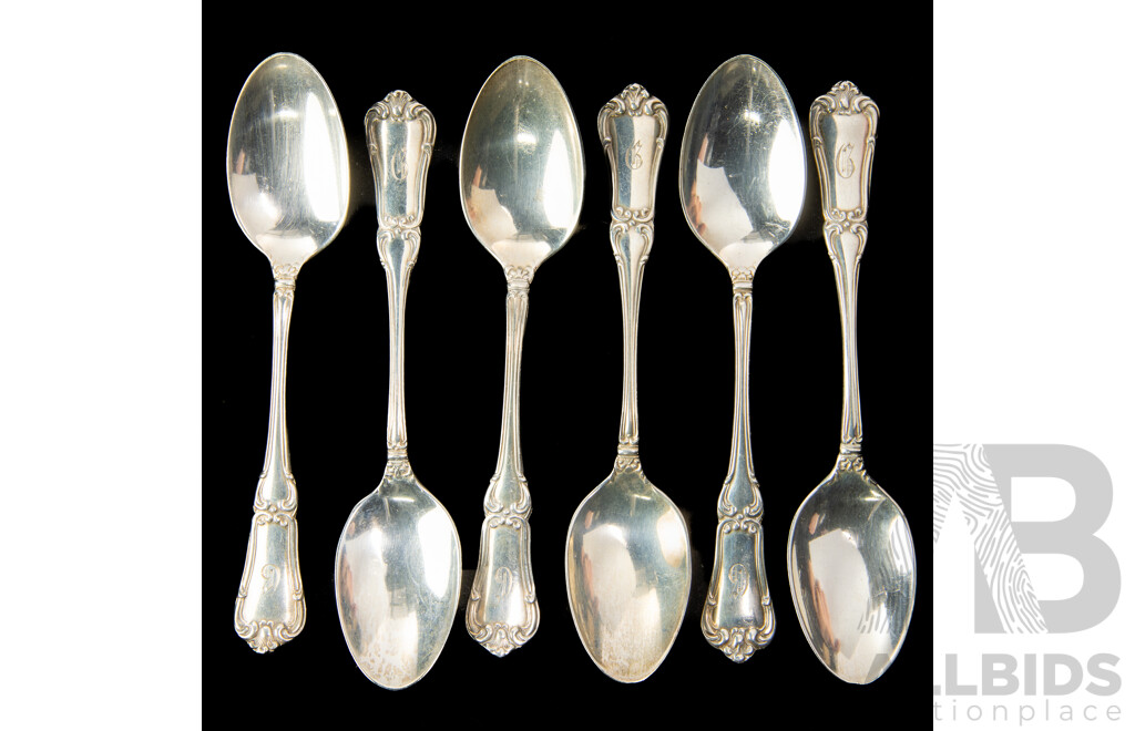 Set Six Vintage Sterling Silver Teaspoons with Engraved Monogram to Finial