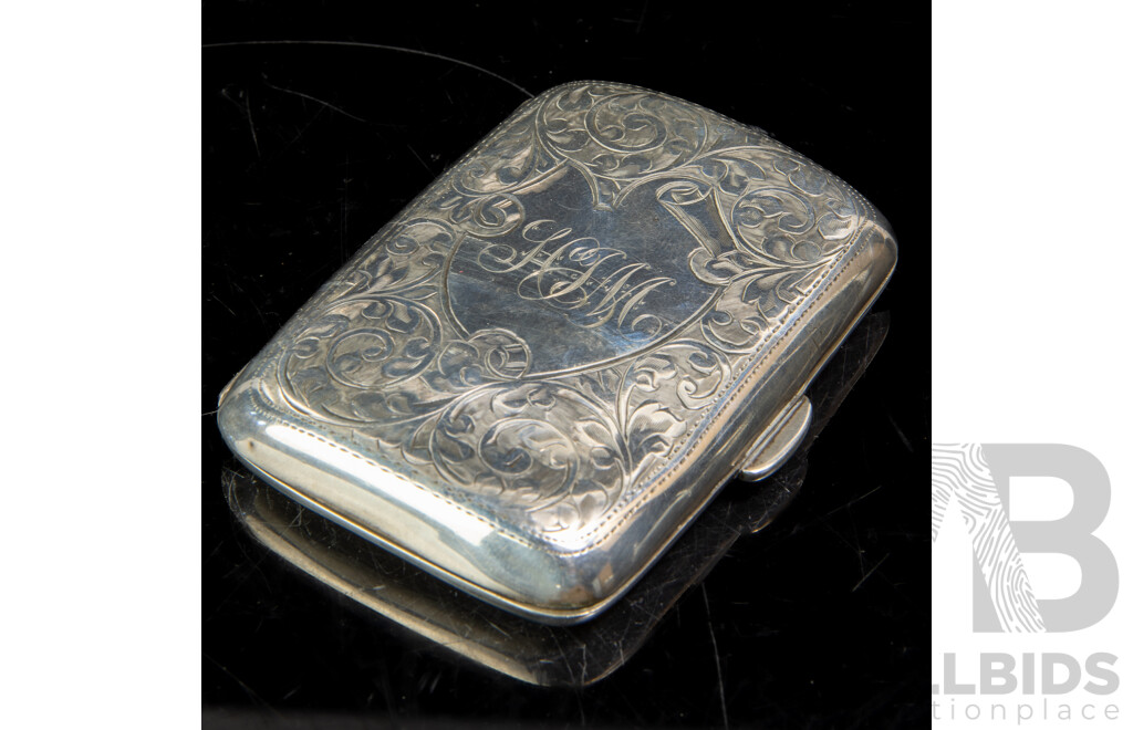 Antique Sterling Silver Cigarette Case with Engraved Detail and Monogram to Front, Birmingham 1908