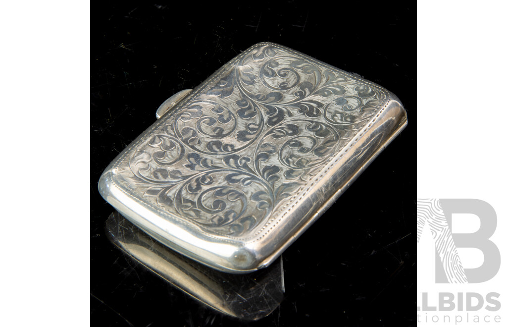 Antique Sterling Silver Cigarette Case with Engraved Detail and Monogram to Front, Birmingham 1908