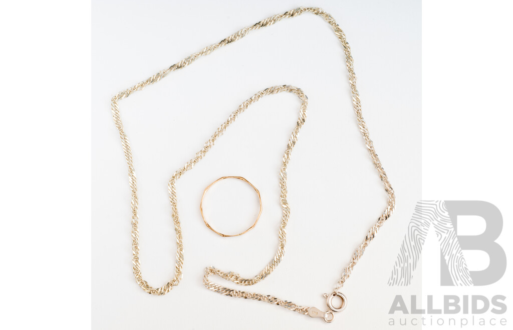 9ct Vintage Geometrical Shaped Ring, Size M, 0.37 Grams & Sterling Silver Rope Twist Necklace, 45cm, 3.65 Grams