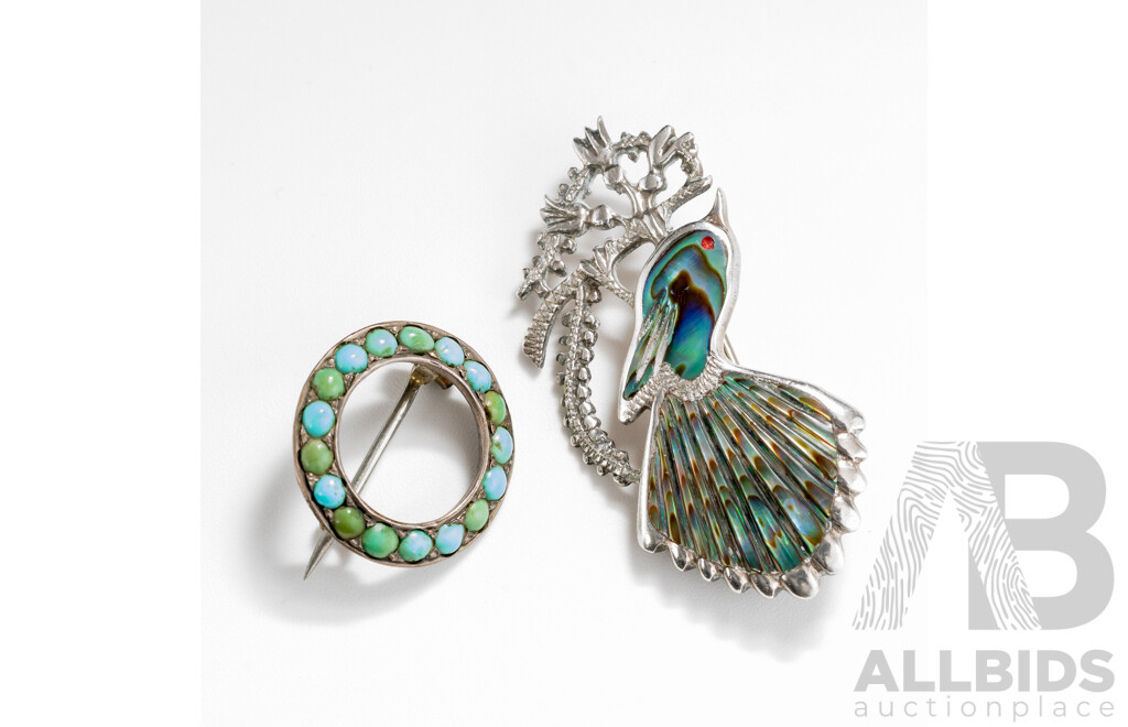 Sterling Silver Vintage Turquoise Circle Brooch & SS Carved Paua Shell Bird Brooch, 7.82 Grams