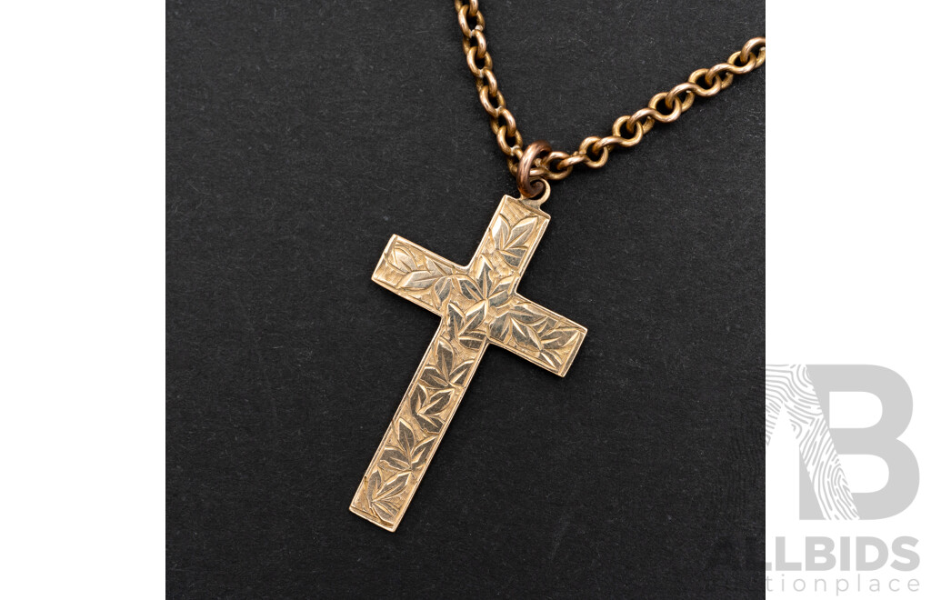 9ct Vintage Etched Cross with Leaves, 32mm Long, on 9ct Vintage Belcher Link Chain, 39cm, 6.59 Grams