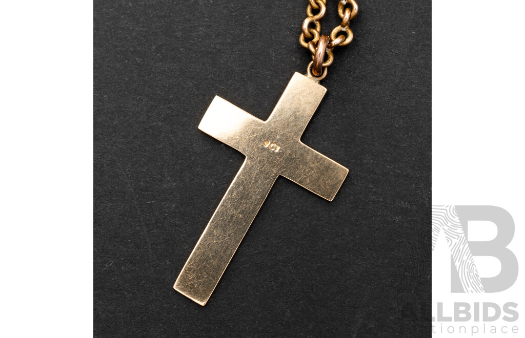 9ct Vintage Etched Cross with Leaves, 32mm Long, on 9ct Vintage Belcher Link Chain, 39cm, 6.59 Grams