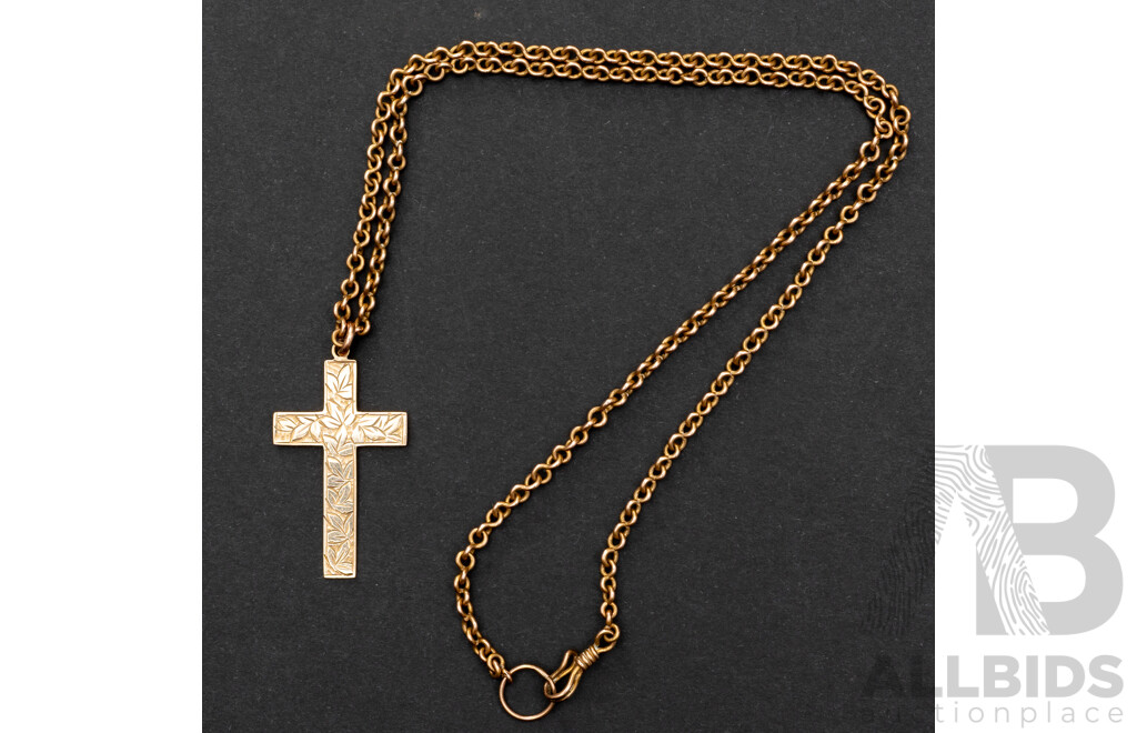 9ct Vintage Etched Cross with Leaves, 32mm Long, on 9ct Vintage Belcher Link Chain, 39cm, 6.59 Grams