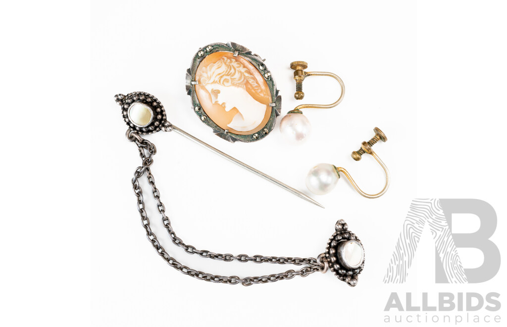 Sterling Silver Vintage Shell Cameo Brooch, SS Mother of Pearl Chained Bar Brooch & Cultured Pearl Earrings