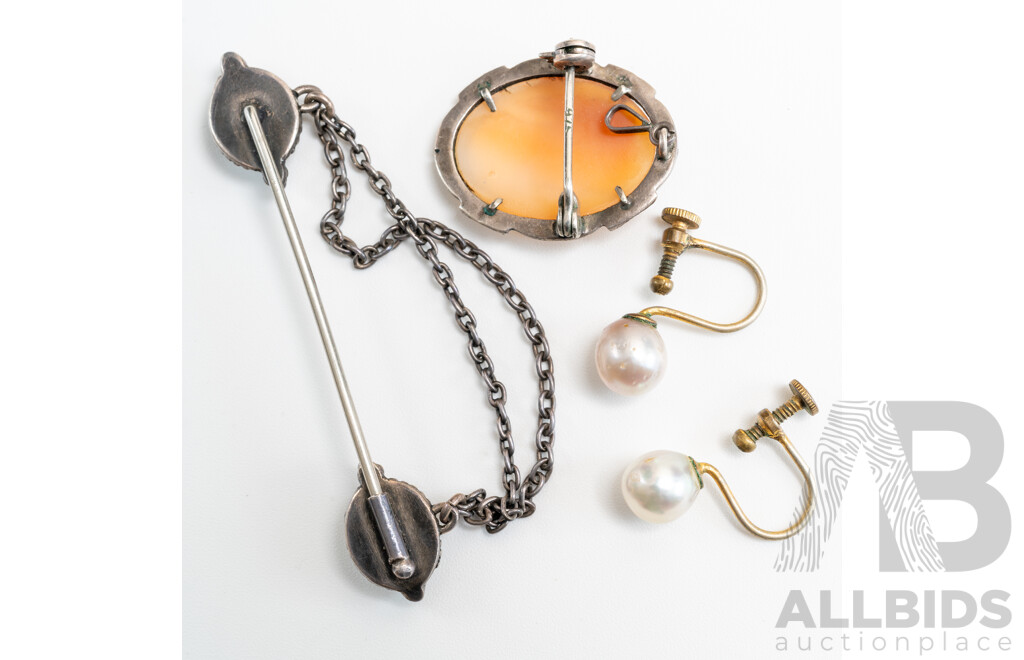 Sterling Silver Vintage Shell Cameo Brooch, SS Mother of Pearl Chained Bar Brooch & Cultured Pearl Earrings