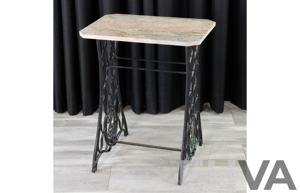 Vintage Singer Sewing Machine Table Base With Later Marble Top