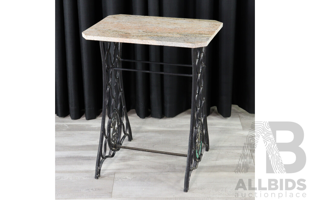 Vintage Singer Sewing Machine Table Base With Later Marble Top