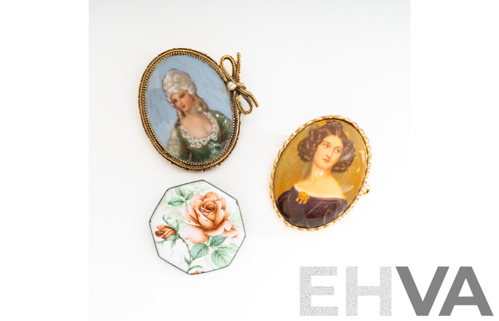 Vintage Miniature Portrait Brooches (2) with Enamel Rose Brooch