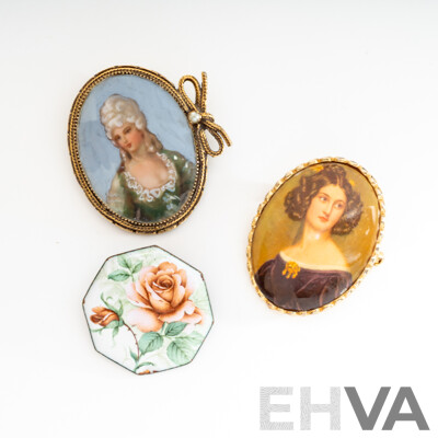 Vintage Miniature Portrait Brooches (2) with Enamel Rose Brooch