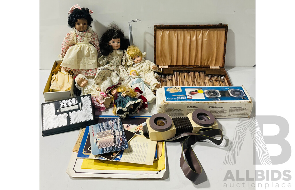 Collection of Vintage Homeware Including Several Porcelain Dolls, Sendata 700 Series Acoustic Coupler/Modem and More