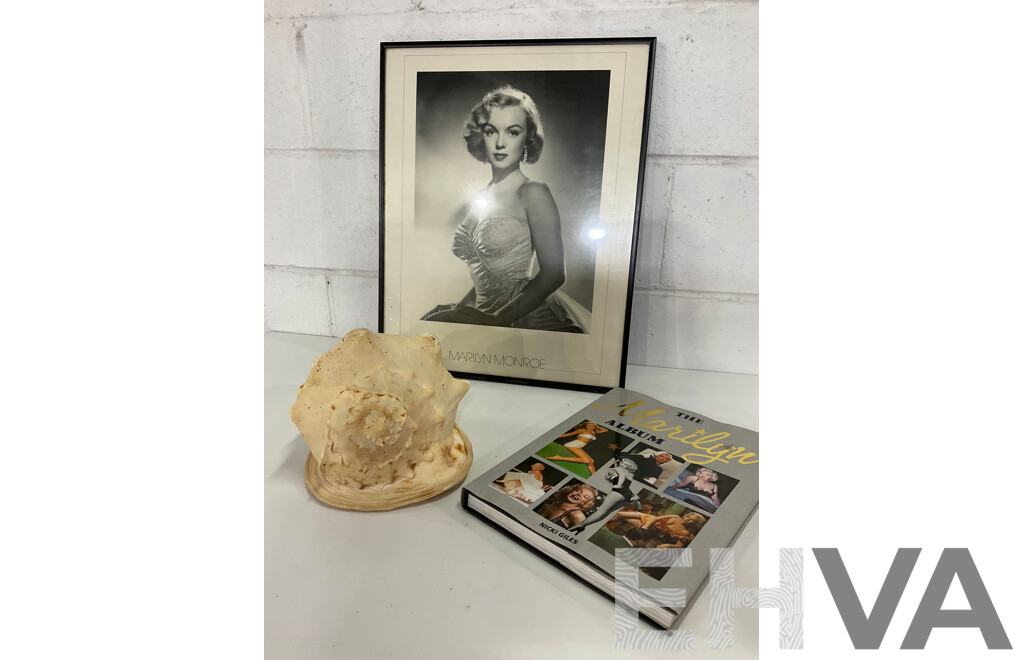 MARLYN MONROE Framed Picture, Book and Large Sea Shell - Lot of 3