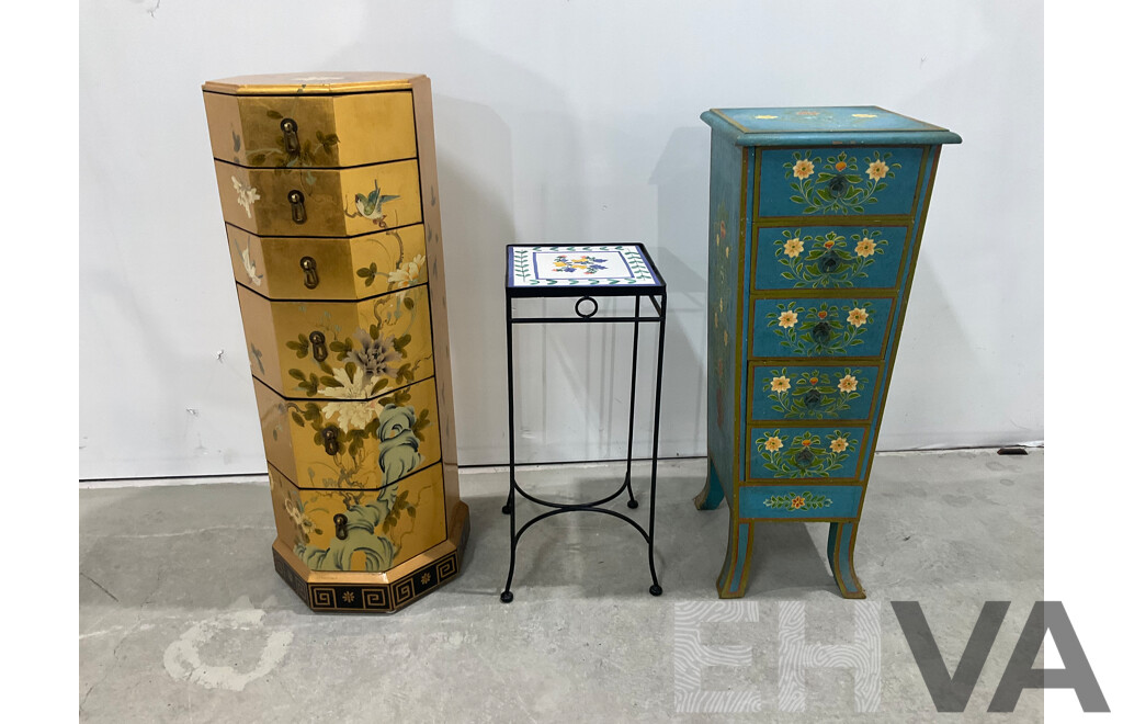 Gilt and Handpainted Octagonal Chest of Six Drawers, with Another Handpainted Example and Jardiniere Stand