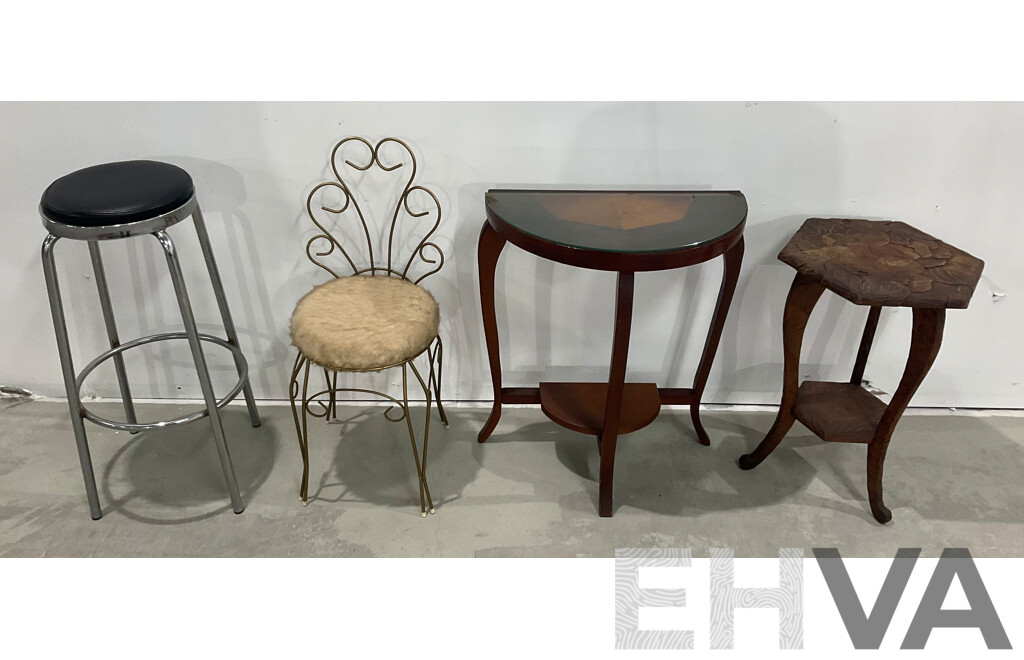 Demi Lune Side Table Together with Carved Floral Hexagonal Table, Bedroom Chair and Diner Stool - Lot of 4