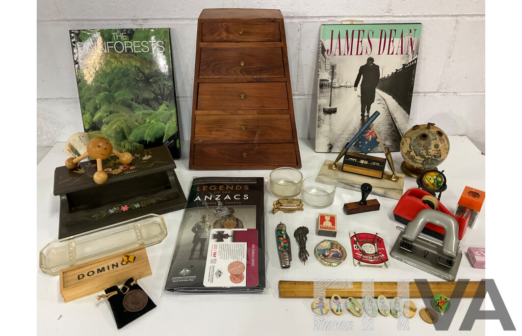 Legends of the Anzacs 2017 Coin Album, Austrtalia Commonwealth Bank 1992 80 Years Anniversary Medal, Assorted Collection of Office Supplies, Pyramid Style Desk Organiser and More