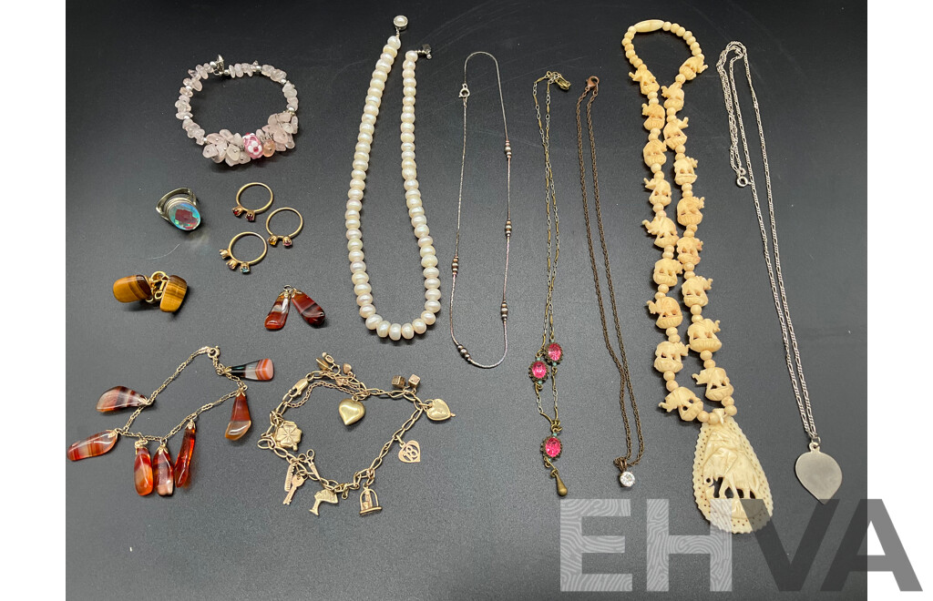 Assorted  Jewellery - Bracelets, Earrings, Necklaces, Rings Including Pearl Necklace, Bone Necklace, Silver Necklace, Agate Pendant and Bracelet and More - Lot of 15