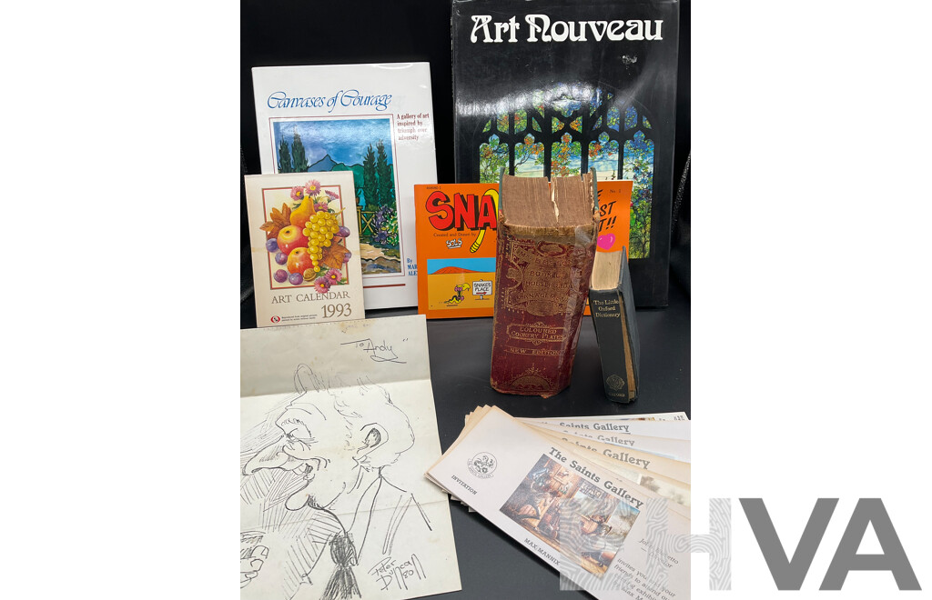 Mrs Beeton's Book of Household Management, the Little  Oxford Dictionary, Lot of the Saints Gallery Invitation, Art Nouveau by Maria Constantino Book and More