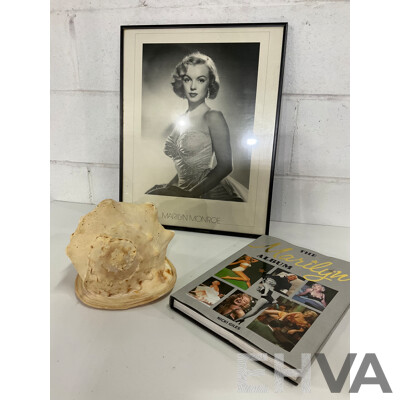 MARLYN MONROE Framed Picture, Book and Large Sea Shell - Lot of 3