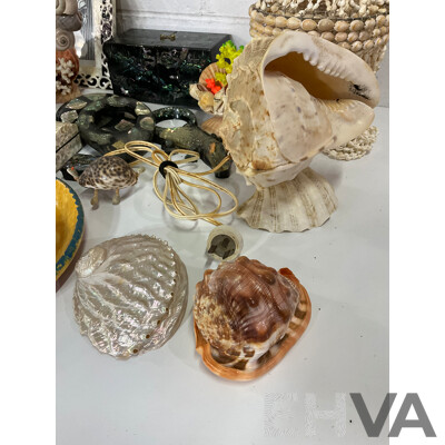 Large Collection of Sea Shell, Including Shell Lamp, Sea Shell Chandelier, Abalone Shell Art, Hot Plate Trivets, Mother of Pearl Shell and More