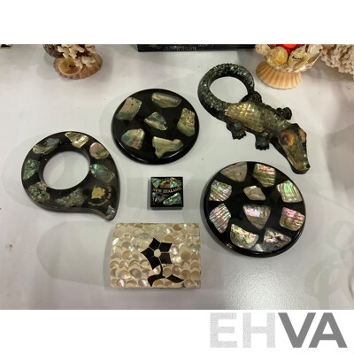 Large Collection of Sea Shell, Including Shell Lamp, Sea Shell Chandelier, Abalone Shell Art, Hot Plate Trivets, Mother of Pearl Shell and More