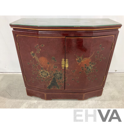 Chinese Red Lacqueer and Gilt Two Door Cabinet with Birds