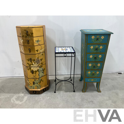 Gilt and Handpainted Octagonal Chest of Six Drawers, with Another Handpainted Example and Jardiniere Stand
