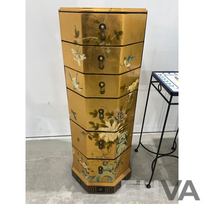Gilt and Handpainted Octagonal Chest of Six Drawers, with Another Handpainted Example and Jardiniere Stand