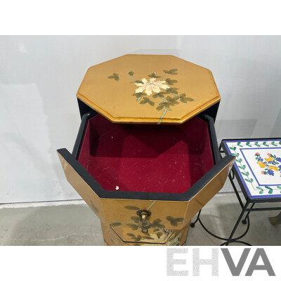 Gilt and Handpainted Octagonal Chest of Six Drawers, with Another Handpainted Example and Jardiniere Stand