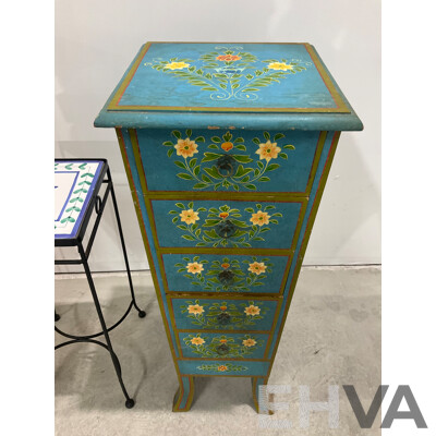 Gilt and Handpainted Octagonal Chest of Six Drawers, with Another Handpainted Example and Jardiniere Stand